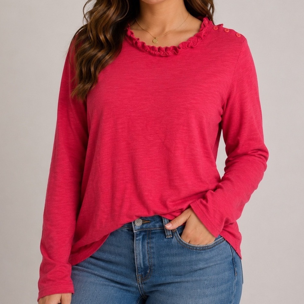 Stateside USA Pima Cotton Ruffle Neck Top Red Long Sleeve Button Shoulder S/M‎